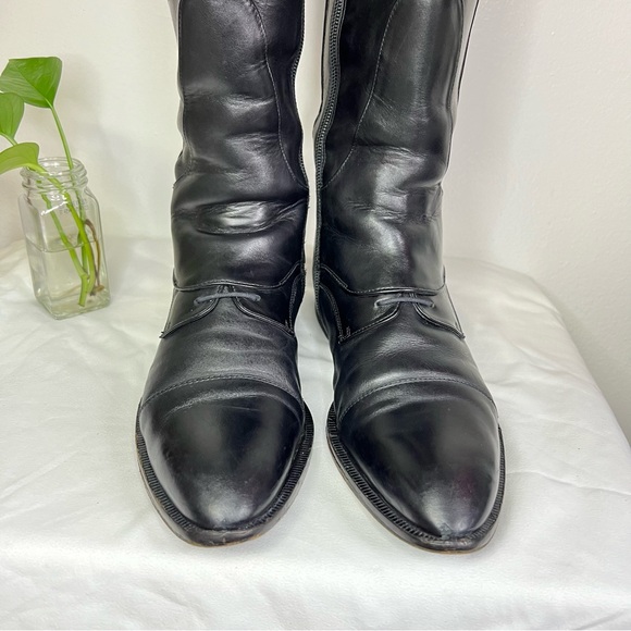 Hugo Boss Dress Knee High Black Leather Stretchy Calf Zip Boots 38 Almond Toe 8 - Picture 11 of 15